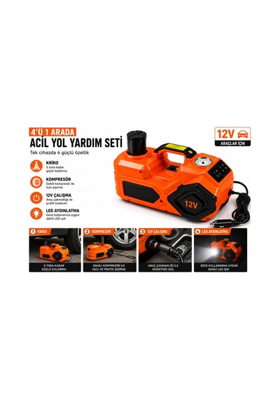 5 Ton Hidrolik Araç Krikosu 12v 4in1 Elektrikli Kriko Seti Hava Kompresörü Bijon Sökme Anahtarı Lastik Değiştirme Led Rj-5t