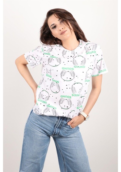 Kadın Baskılı Bisiklet Yaka Oversize T-shirt Çok Renkli