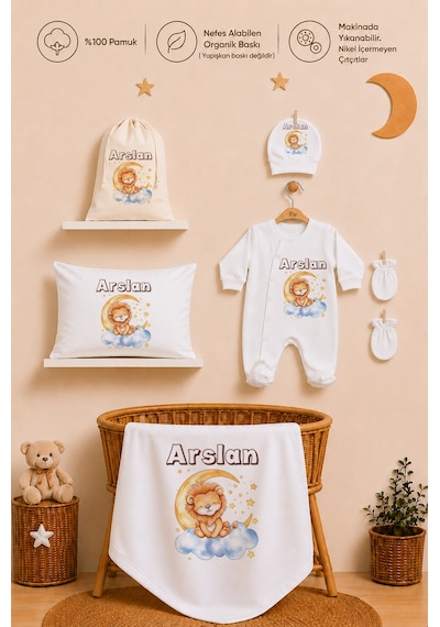 Pia Baby Erkek Bebek Hastane Çıkışı 6 Parça %100 Pamuk İsme Özel Kese Hediyeli Tulum Şapka Eldiven Seti 1016tybkyx Krem