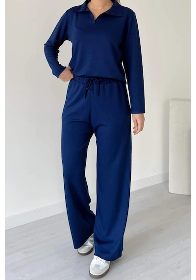 Balenbi Kadın Modal Kumaş Polo Yaka Uzun Kollu Takım 1126 Lacivert