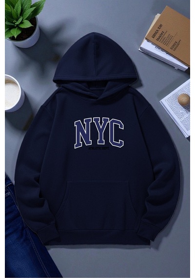 Uyguntarz Unisex Nyc Tasarım Baskılı Kapüşonlu Sweatshirt Lacivert