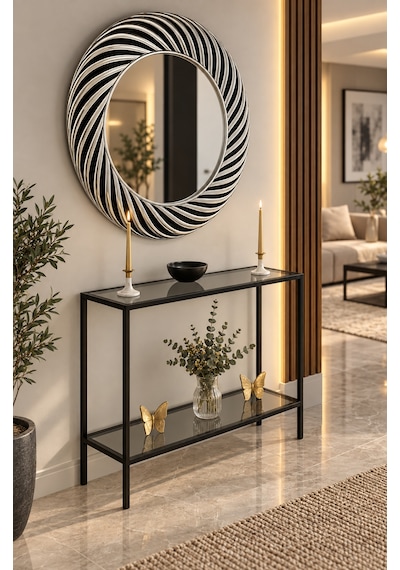 Teknor Füme Camlı Siyah Metal Konsol 100 Cm Modern Salon Dresuar