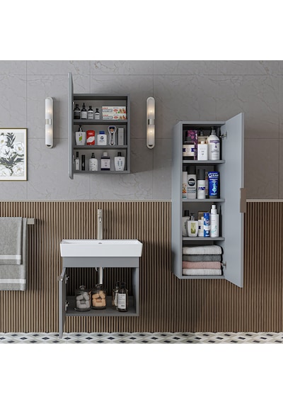 Likya Mdflam Kapaklı Lavabolu 60 Cm Banyo Alt Dolabı + Banyo Üst Dolabı + Banyo Boy Dolabı Kül Gri Likya Mdflam Kapaklı Lavabolu 60 Cm Banyo Alt Dolabı + Banyo Üst Dolabı + Banyo Boy Dolabı Kül Gri