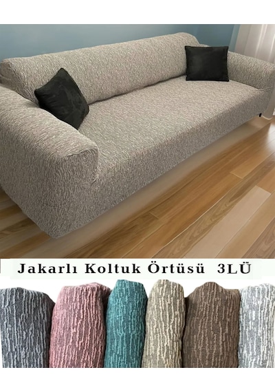 StarMall Jakarlı Çubuk Desen Koltuk Örtüsü Koltuk Kılıfı Lastikli Esnek Yıkanabilir 3Lü Bir Adet Vizon