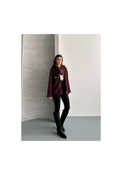 Asur Boutique Asur Butik Kadın Keçeli Kumaş Tokalı Fermuarlı Ceket Bordo