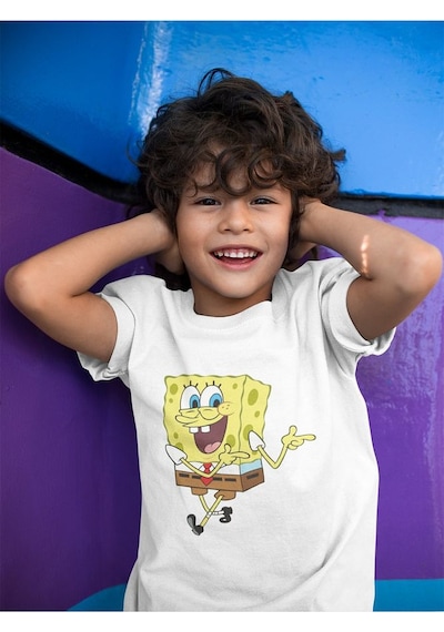Sevbano Süngerbob Baskılı Unisex Çizgi Film Çocuk Tişört 1-12 Yaş Beyaz