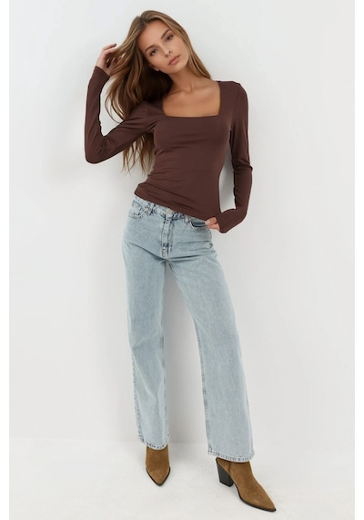Hiccup Slim Fit Kare Yaka Esnek Üst Koyu Mocha Kahve