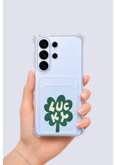 Samsung Uyumlu Galaxy S26 Ultra Kartlıklı Lucky Yonca Desenli Kılıf Şeffaf