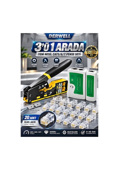 Yeni 2026 3in1 Profesyonel Ağ Kurulum Seti Yeni Nesil Cat5 Cat6 Cat7 Network Ethernet Kablo Pensesi Kesme Soyma Sıkma Kilitleme Fonksiyonlu - Dijital Kablo Test Cihazı Master Remote - 20li Rj45 Jack