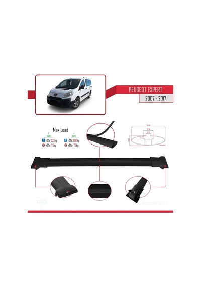 Peugeot Expert 2007-2017 Arası İle Uyumlu Fly Model Ara Atkı Tavan Barı Siyah 4 Adet Bar