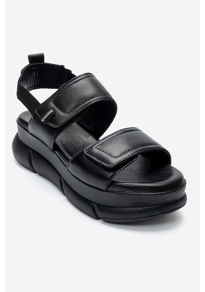 Luvishoes Celeste Siyah Hakiki Deri Cırt Bantlı Kadın Kalın Tabanlı Sandalet