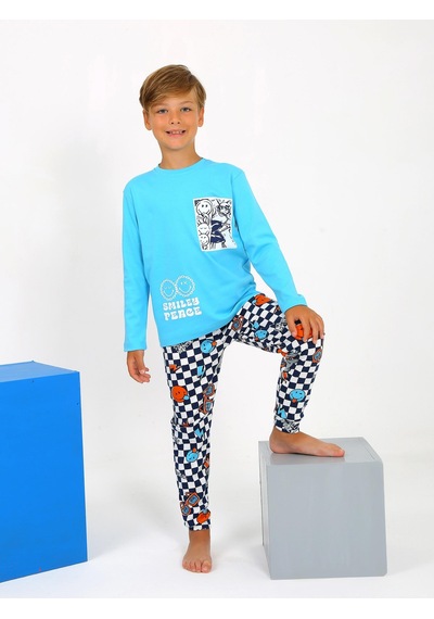 Vitmo Erkek Çocuk Uzun Kollu Pamuklu Pijama Takımı Peace Turkuaz