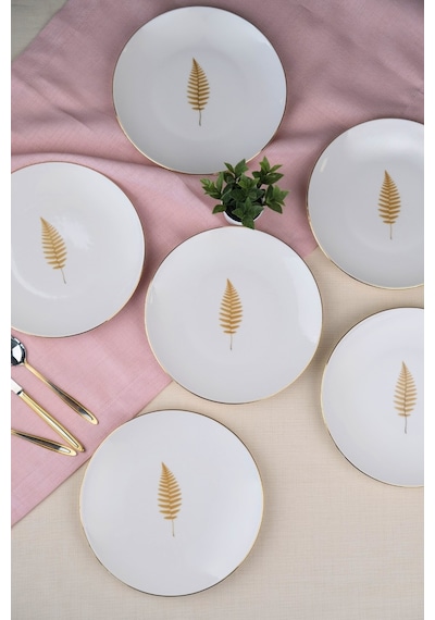 Tabak Evi Porselen Natura Fern Altın Yaldız Pasta Tabağı 20,50cm 6 Lı Çok Renkli