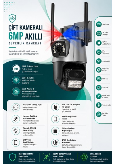 Wifi 2 Kameralı 6mp Akıllı Güvenlik Kamerası