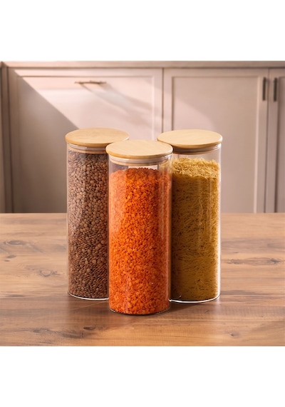 Porsima 4-3 Bambu Vakumlu Kapaklı Yuvarlak Borosilikat Cam 3lü Kavanoz Seti Saklama Kabı 2100ml 10x30cm