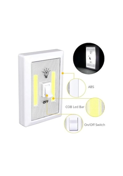 Pille Çalışan Duvar Anahtarı Tipi Cob Led Lamba, Kablosuz Dolap İçi Aydınlatma, Mıknatıslı, Yapışkanlı Gece Lambası, Kitap Lambası 2 Adet