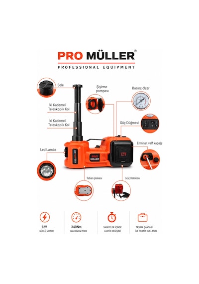 Pro Müller Elektirikli 5 Ton Araba Kriko Kiti 12 V Hidrolik Kriko Bijon Anahtarı Seti Darbe Anahtarlı Set