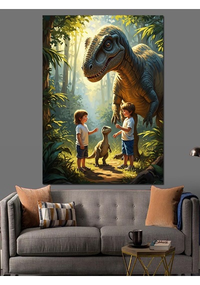 Ahşap Tablo Dinozorlarla Oynayan Küçük Çocuklar