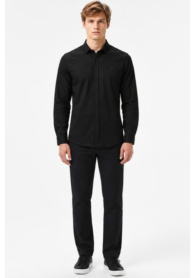 Lacoste Mens Slim Fit Black Cotton Shirt Dar Kesim Pamuklu Erkek Gömlek Siyah