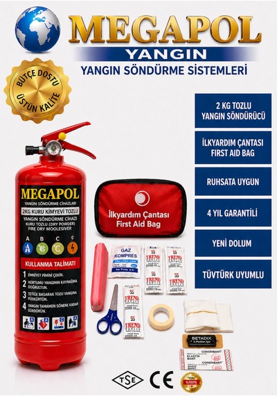 2 Kg Kkt Tozlu Ve İlk Yardım Seti Yangın Söndür Tüpü, Araç Yangın Tüpü ,