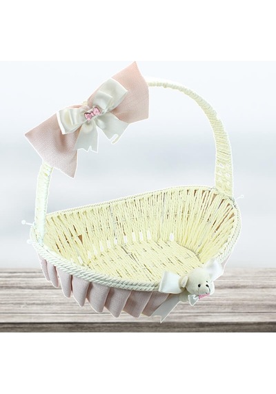 Saplı Oval Kumaş Süslü Sepet 36 Cm Orta Boy Pembe