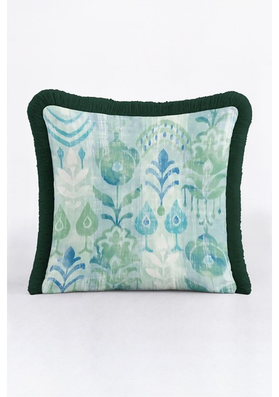 Botanik Tropik Saçaklı Yastık Kılıfı - Egzotik Floral Boho Mint Mavi Siyah Püsküllü Kırlent Kılıfı Gri