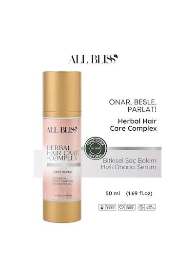 All Bliss Bitkisel Saç Bakım Serumu 50 Ml Yıpranmış Saçlar İçin Onarıcı Ve Parlatıcı Bakım Jojoba, Gül Yağı, Macadamia