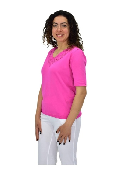 Kadın Yarım Kol V Yaka Yaka Sırt Detaylı Triko Tişöt 12835 Bgl-st04657 Pembe