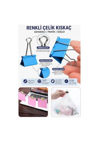 Renkli Çelik Kıskaç Klips 32 Mm 12 Adet Evrak Mandalı Renkli Metal Mandal Binder Clips Kıskaç 120 Sayfa Kapasiteli