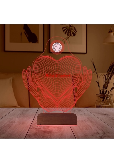 Luvivia Sevgiliye Hediye Kalp El Tasarımlı Kişiye Özel Metal Saatli 3d Lamba - Masa Gece Lambası