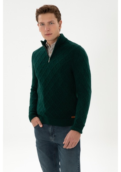 U.S. Polo Assn. Erkek Regular Fit Yarım Fermuarlı Desenli Koyu Yeşil Kazak 50315035-VR079