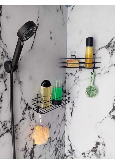 Yapışkanlı Kancalı 2 Adet Banyo Rafı Duş Başlığı Duş Seti Siyah
