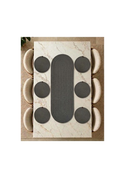 Nakkaş Home Gri Jüt Runner Ve 6'lı Supla Seti 35x100 Cm Runner + 33x33 Cm Jüt Amerikan Servis Doğal Masa Dekorasyonu