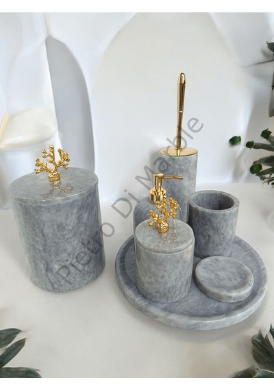 Gri Mermer Klasik Model 7 Parça Gold Renk Mercan Aksesuarlı Banyo Seti Gri