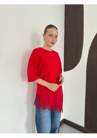 Verymoda Dantel Ve Saten Detaylı Asimetrik Tişört D2942 Kirmizi