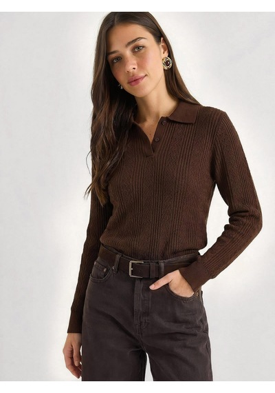 Shade Kadın Polo Yaka Patlı Regular Fit Triko Kazak 20258063 - Kahverengi