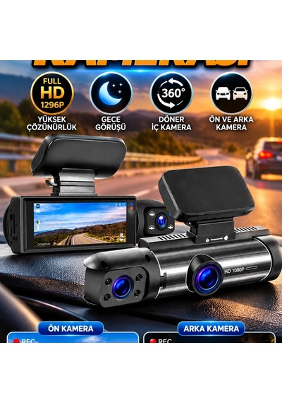 Full Hd 1296p Ön Ve Arka Kameralı Ekranlı Araç İçi Kamera 360 Döner İç Kamera Gece Görüşlü