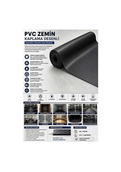 Pvc Desenli Zemin Kaplama Muşambası 2mm 1x5 Metre Kaymaz Araç Konteyner Oto Taban Kaplaması Siyah