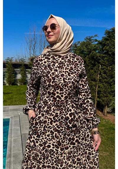 Rabia Şamlı Leopar Desenli Elbise Kahve Normal