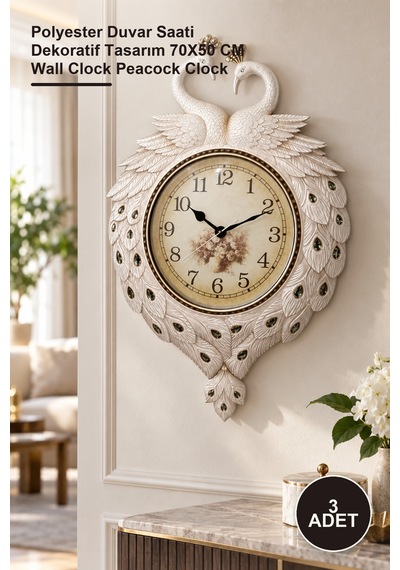 3 Adet Duvara Asmalı Tavuskuşu Saat Polyester Duvar Saati Dekoratif Tasarım 70x50 Cm Wall Clock Peacock Clock Diğer