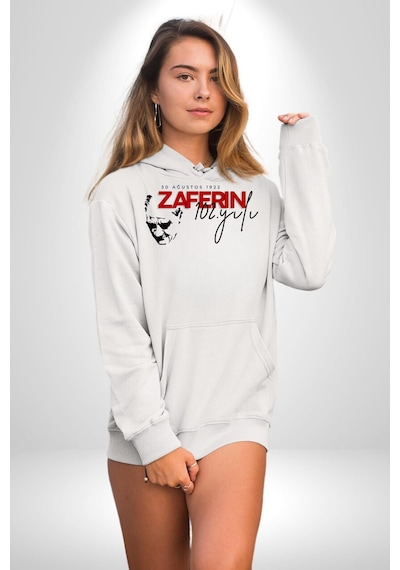 30 Ağustos Zafer Bayramı Atatürk İmzası Kadın Erkek Beyaz Kapüşonlu Sweatshirt Hoodie Beyaz