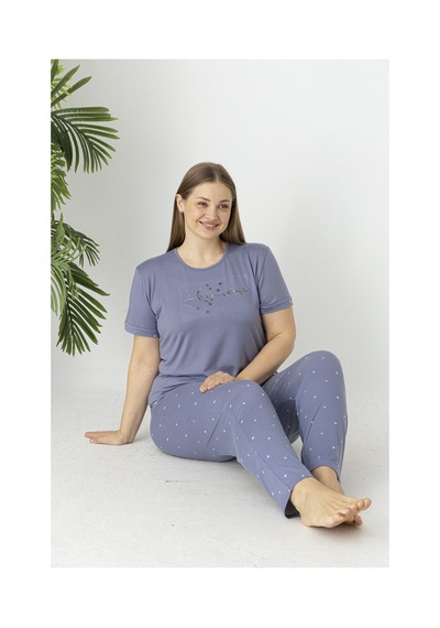 Estiva Kadın Puantiye Alt Desenli Kısa Kollu Soft Battal Pijama Takımı LİLA