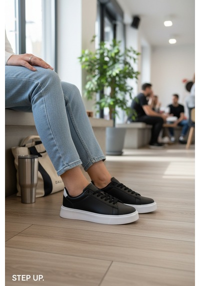 Enoch Sade Düz Taban Ortopedik Casual Sneaker Siyah - Beyaz