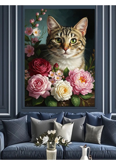 Ahşap Tablo Pembe Güller Arasında Meraklı Kedi