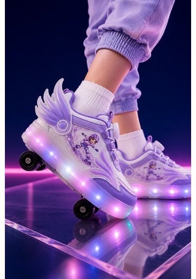 Muggo Wıngs Çocuk Kanat Detaylı Işıklı Patenli Tekerlekli Sneaker Spor Ayakkabı Lila
