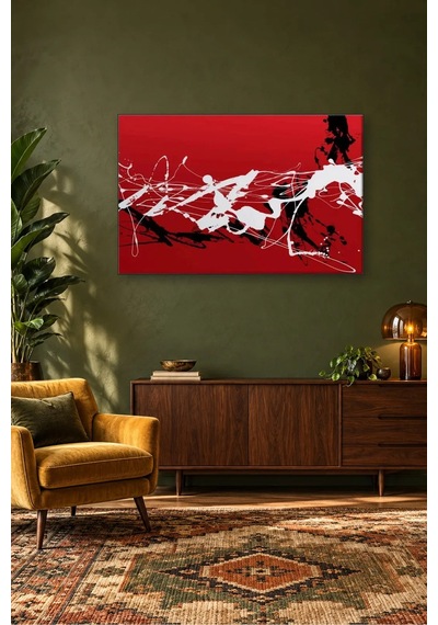 Fida Kırmızı Zeminde Beyaz Ve Siyah Damlatma Canvas Tablo