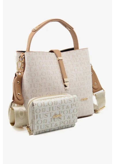 Just Polo Kadın Su Geçirmez Şık El & Omuz Çantası Ve Cüzdanı Kombin Shopper Krem - Taba