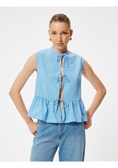 Koton Fiyonk Detaylı Peplum Yelek Pötikare Desenli Mavi Ekose 4sak30155pw Mavi