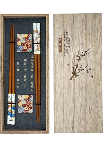 Generic Sushi Yemek Çubuğu Seti, 2 Çift, Çiçek Desenli, Ahşap Kutulu Servis Setleri Kahverengi