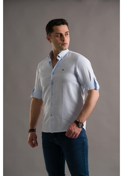 Slimfit Armürlü Yaka Düğmeli Katlamalı Uzun Kol Erkek Gömlek 001
